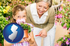 new-jersey map icon and a grandmother and her granddaughter at a garden center