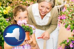 new-york map icon and a grandmother and her granddaughter at a garden center